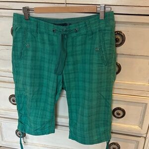 Prana Teal Plaid Drawstring Shorts with Snap Closure Pockets